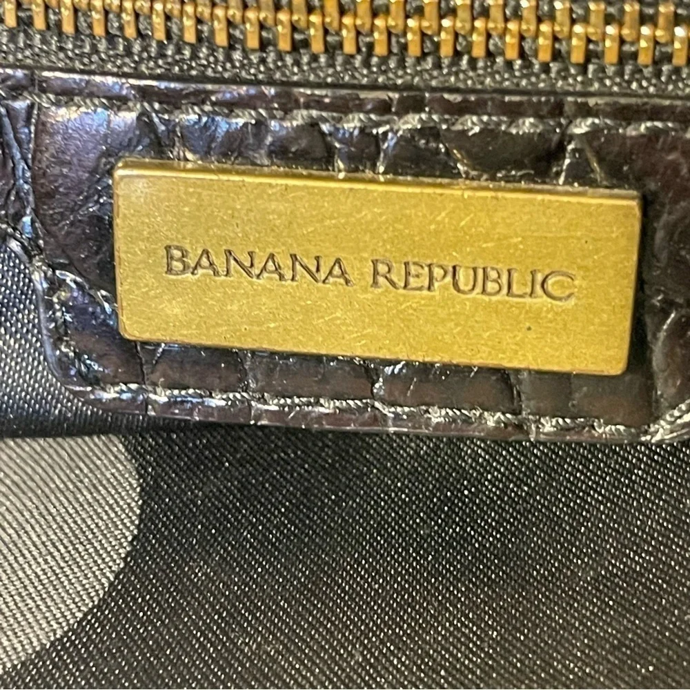 Banana Republic Black Croc Embossed Leather Satchel Work Tote Gold Hardware